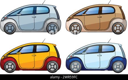 Quatre illustrations vectorielles stylisées de voitures compactes. Illustration de Vecteur