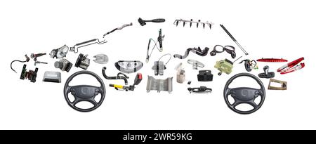 L'invention concerne une voiture de tourisme Assemblée à partir de pièces automobiles neuves pour un magasin d'après-vente. Isolé sur fond blanc. Banque D'Images
