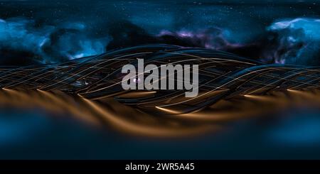 Entité luisante mystérieuse au milieu d'un réseau de lignes dorées contre un fond cosmique 360 panorama vr carte de l'environnement Banque D'Images
