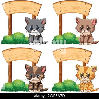 Quatre chatons mignons assis à côté de panneaux indicateurs vides. Illustration de Vecteur