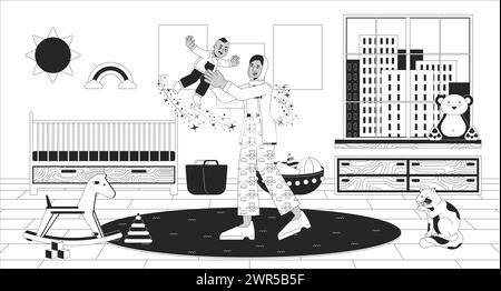 Maman jouant bébé dans l'illustration de ligne noire et blanche de pépinière Illustration de Vecteur