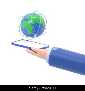 Plat 3d isométrique homme d'affaires main tenant smartphone avec le monde et le réseau mondial. Connexion internet et concept de communication globale.rendu 3D. Banque D'Images