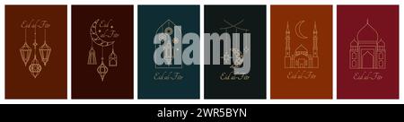 Motif Ramadan. Islam moubarak carte de voeux avec lune musulmane moderne et mosquée, croissant de ramazan et lanternes traditionnelles minimales. Eléments isolés de ligne. Conception vectorielle. Arrière-plans abstraits Illustration de Vecteur
