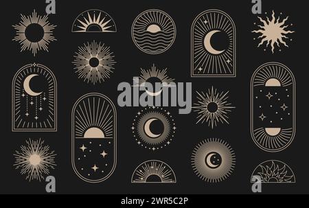 Icônes soleil réglées. Logo Boho Sunset avec des rayons de ligne bohème, rayon de lune lever de soleil minimal, logotype céleste. Eléments de contour et de silhouette isolés sur fond noir. Conception monochrome moderne vectorielle Illustration de Vecteur