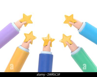 Personnages de personnes qui donnent un feedback cinq étoiles. Les clients qui choisissent le taux de satisfaction et laissent un avis positif. Service client et expérience utilisateur Co Banque D'Images