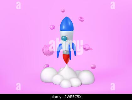 fusée 3d. Éléments de départ de l'espace, planètes mignonnes, lancement de vaisseau spatial dans un nuage de feu réaliste, objet de rendu isolé de la technologie créative. Idée d'entreprise de démarrage, aventure future navette. Icône de conception vectorielle Illustration de Vecteur