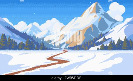 Pixel paysage de montagne d'hiver. Forêt d'épicéas, chemin à travers la neige et les flocons de neige qui tombent. Fond transparent vectoriel Illustration de Vecteur