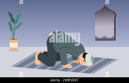 Un homme musulman en position de prière de prostration sur le tapis de prière. Illustration vectorielle. Illustration de Vecteur