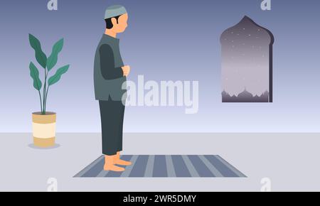 Un musulman priant sur un tapis de prière. Position debout dans la prière. Illustration vectorielle. Illustration de Vecteur