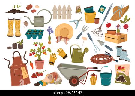 Collection d'outils et d'accessoires de jardin. Illustration de Vecteur