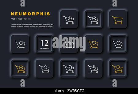 Icône définir panier. Panier, ajouter, supprimer, trouver, payer, flèche vers le bas, plus, moins, heure, favoris, pourcentage de protection concept d'achat en ligne Illustration de Vecteur