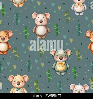 motif sans couture koala ours et bambou couleurs pastel adorable enfants mignons illustration faite à la main Banque D'Images