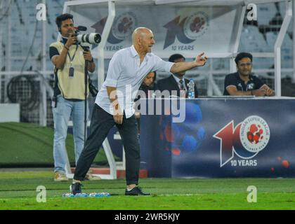 Mohunbagan Super Giant (MBSG) bat le club de football du Bengale oriental (EBFC) en ISL (Indian Super League-2024) par 3-1 au stade Salt Lake. Jason Cummings, Liston Colaço et Dimitrios Petratos ont marqué pour MBSG tandis que Saúl Crespo a réduit la marge pour EBFC. (Photo par Amlan Biswas/Pacific Press) Banque D'Images