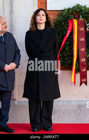 Madrid, Espagne. 11 mars 2024, Madrid, Madrid, Espagne : Isabel Diaz Ayuso, présidente de la Communauté de Madrid et figure de proue du PP, vue lors de la célébration du vingtième anniversaire des attentats terroristes de 11M; le matin du 11 mars 2004 (également connu en Espagne sous le nom de 11M), une série d'attentats simultanés ont eu lieu contre le système de trains de banlieue CercanÃ-as de Madrid ; redi Credit : ZUMA Press, Inc/Alamy Live News Banque D'Images