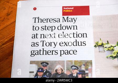 Ancienne femme politique du premier ministre 'Theresa May va démissionner aux prochaines élections alors que l'exode conservateur rassemble le rythme' nouvelles 9 mars 2024 Londres Angleterre Royaume-Uni Banque D'Images