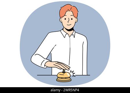 Un homme souriant sonnant à la réception de l'hôtel et appelant le personnel. Un client ou un client heureux appuie sur la sonnerie du compteur d'administration. Illustration vectorielle. Illustration de Vecteur
