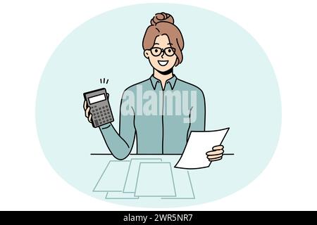 Une femme comptable souriante s'assoit à la réception dans le bureau pour calculer les taxes sur la machine. Une femme heureuse gère les dépenses de compte de budget sur le calculateur. Illustration vectorielle. Illustration de Vecteur