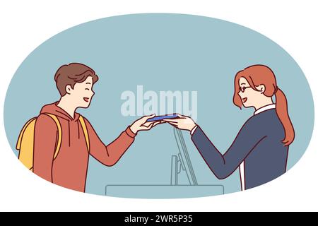 Une femme travaillant comme secrétaire ou à l'hôtel à la réception sert l'homme en tenant une clé magnétique ou une facture pour payer la chambre. Vendeur fille sert l'acheteur en lui donnant des marchandises et aide à faire le choix Illustration de Vecteur