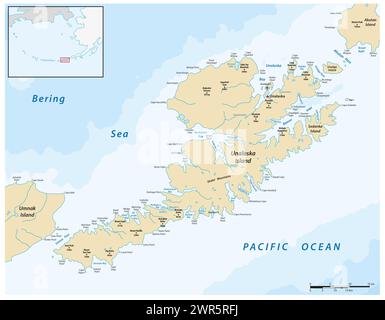 Carte vectorielle de l'île Aléoutienne d'Unalaska, Alaska, États-Unis Banque D'Images