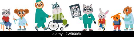Médecins animaliers et malades. Personnages médicaux, cliniques et employés hospitaliers avec malades et blessés. Raton laveur, singe et infirmière paresseuse, ensemble vectoriel classe Illustration de Vecteur
