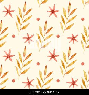 Motif aquarelle avec des feuilles, des branches, des fleurs, dessiné à la main. Jaune, orange sur fond beige Banque D'Images