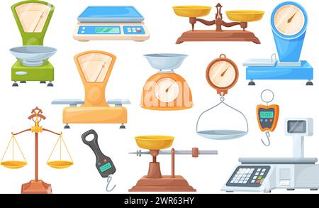Balances de vente au détail. Balance numérique et mécanique pesée, balance de bascule de nourriture pesant le mécanisme de stockage de laboratoire vintage libra instrument de précision Cartoon illustration vectorielle soignée de la mesure de l'échelle Illustration de Vecteur