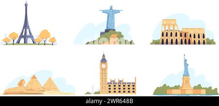 Lieux touristiques. Monuments historiques pour les touristes visitant le plan de visite, europe rome colisée, tour eiffel Big ben statue de la liberté vecteur de voyage illustration de voyage de ville point de repère Illustration de Vecteur
