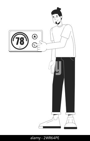 Réglage thermostat noir et blanc dessin animé plat Illustration de Vecteur