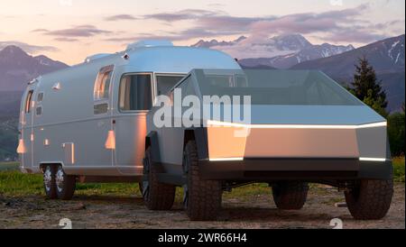 Tesla Cybertruck avec caravane Airstream Banque D'Images