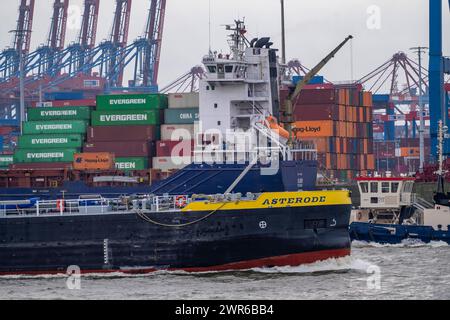 Hamburger Hafen, HHLA Containerterminal Burchardkai, Athabaskakai, an der Elbe, conteneur Feederschiff Elbsky, Hamburg, Deutschland Container terminal *** Port of Hamburg, HHLA Container terminal Burchardkai, Athabaskakai, sur l'Elbe, navire d'alimentation de conteneurs Elbsky, Hambourg, Allemagne Container terminal Banque D'Images