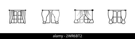 Logos de rideaux linéaires. Icône de contour du vecteur de fenêtres en rideau. Jalousie. Intérieur de la pièce. Illustration de Vecteur