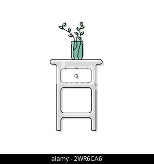 Logo linéaire de l'armoire. Brins d'eucalyptus dans un vase sur la table. Vectorisation de la table de chevet. un élément de l'intérieur du salon. Illustration de Vecteur