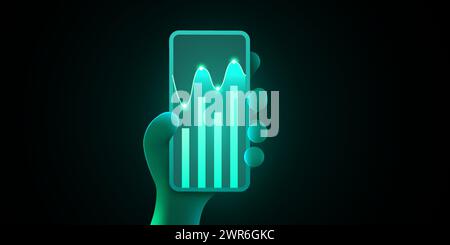 Concept de technologie mobile. Analyse graphique des tendances du marché sur smartphone. Tient le téléphone à main. Infographie et statistiques à l'écran. Modèle de page d'arrivée Illustration de Vecteur