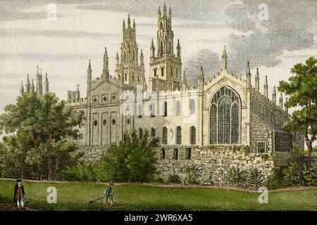 All Souls College, Oxford, Angleterre, fondé en 1438. Les tours jumelles néo-gothiques du collège, qui s’élèvent au-dessus des bâtiments, ont été conçues par l’architecte baroque Nicholas Hawksmoor (v. 1661 - 1736) et ajoutées au début des années 1700 Récolte sans bordure de gravure sur plaque de cuivre, publiée pour la première fois à la fin des années 1700 dans A New Display of the Beauties of England et colorée plus tard à la main. Banque D'Images