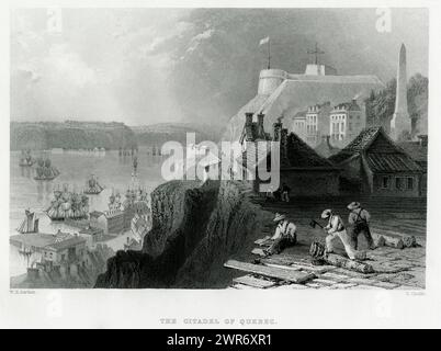 La Citadelle de Québec au Canada au milieu des années 1800, surplombant le fleuve Saint-Laurent. Gravure antique publiée en 1842. Gravé par Ebenezer Challis d'après un dessin de William Henry Bartlett (1809-1854). Banque D'Images