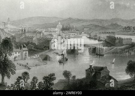 Ville de Bristol dans le sud-ouest de l'Angleterre, la rivière Avon et le port de Bristol ont dessiné au début des années 1840 En approchant des portes d'écluse massives du port au centre de cette image, il y a deux premiers navires à vapeur avec des entonnoirs simples, mais un navire à vapeur a encore trois mâts pour les voiles (à droite) et l'autre navire à vapeur a encore deux mâts (à gauche). Détail de la gravure antique monochrome de H. Mossman, d'après un dessin de William Henry Bartlett (1809 - 1854), publié pour la première fois en 1842. Banque D'Images