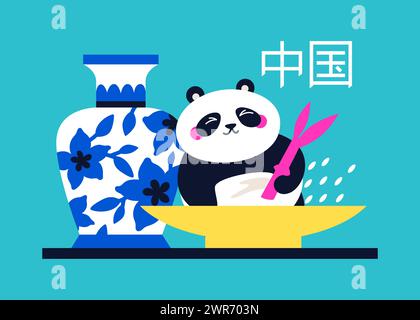 Panda mange du bambou et du riz - illustration vectorielle colorée moderne Illustration de Vecteur