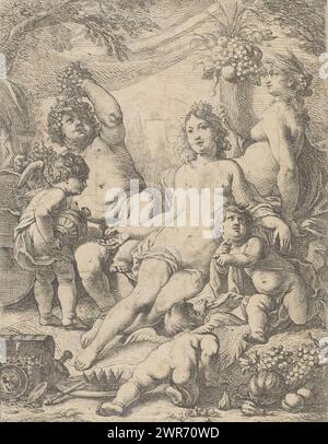 Bacchus, Vénus et Cérès, Cérès et Vénus sont assis à côté d'une cornucopie. Deux putti jouent au sol. Un autre putto remplit un bol à boire pour Vénus. Bacchus mange d'un bouquet de raisins, appuyé sur un tonneau de vin. Sur le sol est un coffre avec des objets de valeur, à côté de lui se trouvent une couronne et un sceptre., imprimeur : Cornelis Schut (I), après sa propre conception par : Cornelis Schut (I), inconnu, 1607 - 1655, papier, gravure, cisaille, hauteur 246 mm × largeur 193 mm, impression Banque D'Images