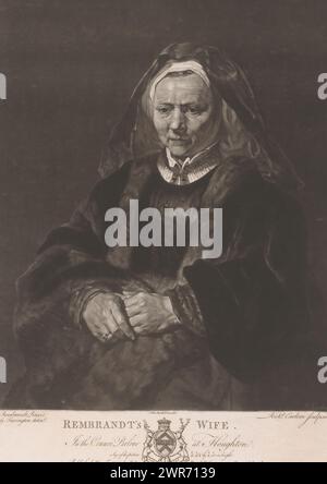 Portrait d'une vieille femme, possiblement Saskia van Uylenburgh, épouse de Rembrandt (titre sur objet), texte en anglais dans la marge inférieure., imprimeur : Richard Earlom, après dessin par : George Farington, après peinture par : Rembrandt van Rijn, Londres, 1777, papier, hauteur 449 mm × largeur 306 mm, impression Banque D'Images
