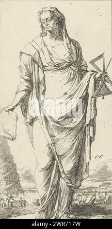 Personnification de l'architecture, Boukonst (titre sur objet), une et quarante pièces, plusieurs images de Sinne (titre de la série), Une figure féminine comme personnification de l'architecture, avec un dessin de construction dans sa main droite et des instruments de mesure et de dessin dans sa main gauche. En arrière-plan la construction de la Tour de Babel. Imprimé à partir d'une série de 41 symboles., imprimeur : Arnold Houbraken, après sa propre conception par : Arnold Houbraken, éditeur : Leonard Schenk, Amsterdam, 1710 - 1719, papier, gravure, stylo, hauteur 176 mm × largeur 90 mm, impression Banque D'Images