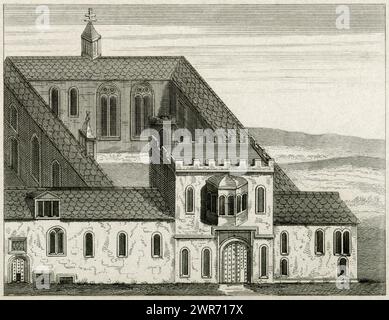 University College, Oxford, Angleterre, tel qu'il apparaissait en 1600. Détail de la gravure sur cuivre de Joseph Skelton (c.1783 - 1871) tirée de son « Oxonia Antiqua Restaurata », publié en 1823. University College a été fondé vers 1250, soit environ 350 ans avant sa représentation vers 1600 dans cette image. C'est le plus ancien collège d'Oxford ou de Cambridge. Banque D'Images