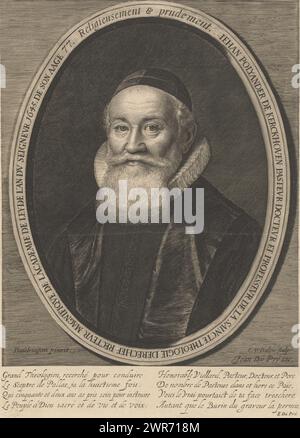 Portrait de Johannes Polyander van Kerkhoven à l’âge de 77 ans, Iehan Polyander de Kerckhoven (...) De son âge 77 (titre sur objet), Portrait de Johannes Polyander van Kerkhoven à l'âge de 77 ans, buste du prédicateur vêtu d'une toge à col plissé. Au-dessus du cadre ovale se trouve une devise : Religieusement & prudement. Dans la marge sous un verset de E. Dupré., imprimeur : Cornelis van Dalen (I), après peinture par : David Baudringien, éditeur : Jan du pré, Amsterdam, 1645, papier, gravure, hauteur 315 mm × largeur 223 mm, impression Banque D'Images