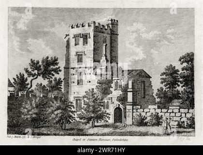 Tour du Pape et chapelle à Stanton Harcourt dans l’Oxfordshire, Angleterre. La tour, avec une chapelle au rez-de-chaussée et les logements du prêtre au-dessus, a été construite vers 1460 - 1470 de cendres calcaires. Alexander Pope a logé ici en 1717 - 1718 tout en traduisant l'Iliade. Gravure sur cuivre de Richard Godfrey (1728 - 1795), d’après le dessin de Francis Grose (1731 - 1791), publié en 1785 dans The Antiquities of England and Wales de Grose. Banque D'Images