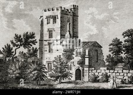 Tour du Pape et chapelle à Stanton Harcourt dans l’Oxfordshire, Angleterre. Rognage sans bordure au format 6 x 4 de la gravure sur cuivre de Richard Godfrey (1728 - 1795), d’après un dessin de Francis Grose (1731 - 1791), publié en 1785 dans « The Antiquities of England and Wales » de Grose. La Tour du Pape, avec une chapelle au rez-de-chaussée et les logements du prêtre au-dessus, a été construite vers 1460 - 1470 de cendres de calcaire. Alexander Pope a logé ici en 1717 - 1718 tout en traduisant l'Iliade. Banque D'Images