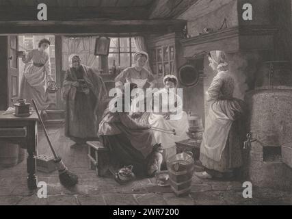 Cave à eau et à feu, Un groupe de femmes, avec un chat à leurs côtés, discutent autour de la cheminée dans une cave à eau et à feu. Il y a un moulin à café sur la table derrière eux. Une vieille femme entre avec un poêle pour acheter du charbon pour le feu. Derrière elle, une jeune femme descend les escaliers menant au sous-sol depuis la rue. Elle porte une poêle dans sa main et une bouilloire pour acheter de l'eau chaude., imprimeur : Dirk Jurriaan Sluyter, (signé par l'artiste), après peinture par : Jan Jacob Zuidema Broos, Amsterdam, en 1872 - 1886, papier, gravure, gravure, hauteur 418 mm × largeur 504 mm Banque D'Images