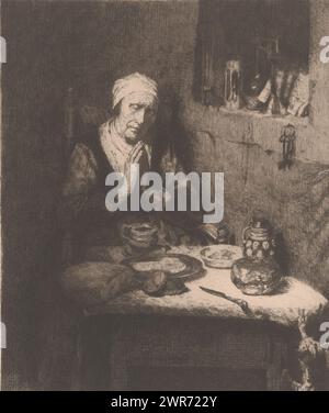 Vieille femme en prière, imprimeur : Henriëtte de Vries, après peinture par : Nicolaes Maes, pays-Bas, 1877 - 1890, papier, gravure, hauteur 249 mm × largeur 196 mm, impression Banque D'Images