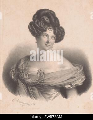 Portrait d'Henriette Sontag, la gardienne porte des bijoux dans les cheveux, sur le front et attachés à sa robe., imprimeur : Cornelis Kruseman, 1827 ans, papier, hauteur 265 mm × largeur 215 mm, tirage Banque D'Images