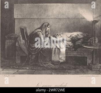 Femme assise à côté d'un jeune homme malade au lit, le jeune malade (titre sur objet), croquis lithographiques par Scheffer aîné (titre de la série), Un jeune homme malade au lit. Une femme est assise sur une chaise près de lui et tient sa main. A droite une lampe à huile brûlante et une table avec deux cruches., imprimeur : Ary Scheffer, d'après conception par : Ary Scheffer, imprimeur : Gihaut frères, Paris, 1829 - 1839, papier, hauteur 265 mm × largeur 345 mm, impression Banque D'Images