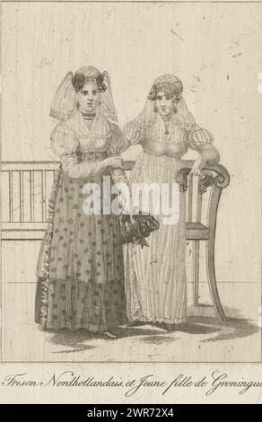 Deux femmes en costumes traditionnels frison et groningue, des costumes traditionnels hollandais (titre de la série), deux femmes en costumes traditionnels frison et groningue devant une banque. Ci-dessous une ligne de texte en français., imprimeur : Karel Christiaan Fuchs, après impression par : Willem van Senus, après dessin par : Harmanus Langerveld, imprimeur : inconnu, après impression par : inconnu, après dessin par : inconnu, Amsterdam, 1802 - 1855, papier, gravure, hauteur 137 mm × largeur 94 mm, impression Banque D'Images