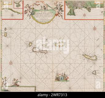 Carte du col des Açores, Nouveau Pascaert de toutes les îles flamandes (titre sur l'objet), carte du col des Açores, avec deux roses de boussole, le nord est en haut. En haut à gauche et en haut à droite cartes détaillées de certaines parties de la côte. En bas à gauche l'échelle en allemand, espagnol et anglais ou français miles., imprimeur : Jan Luyken, éditeur : Johannes van Keulen (I), inconnu, Amsterdam, 1681, papier, gravure, pinceau, hauteur 511 mm × largeur 588 mm, impression Banque D'Images